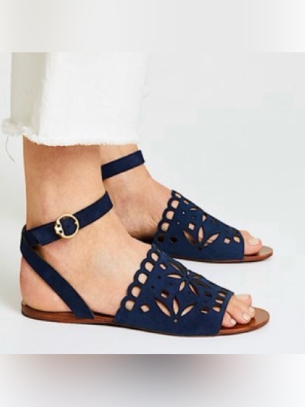 Tory Burch Navy Suede Laser-Cut Slide Sandals with Ankle Strap - Picture 3 of 6